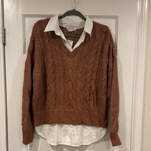 NWT Brown Cable Knit Sweater with attached White Collar, button up hem